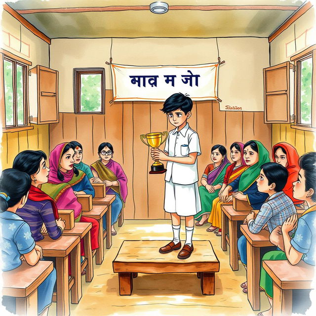 A watercolor illustration portraying a poignant scene in a traditional Bangladeshi school