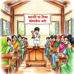 A watercolor illustration portraying a poignant scene in a traditional Bangladeshi school