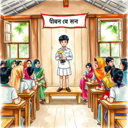 A watercolor illustration portraying a poignant scene in a traditional Bangladeshi school
