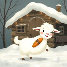 In a whimsical winter scene set outside a quaint wooden cabin adorned with a fresh layer of snow, a fluffy white goat is joyfully holding a sweet potato in its hooves as it prepares to step out into the snowy world