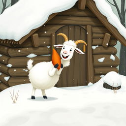 In a whimsical winter scene set outside a quaint wooden cabin adorned with a fresh layer of snow, a fluffy white goat is joyfully holding a sweet potato in its hooves as it prepares to step out into the snowy world