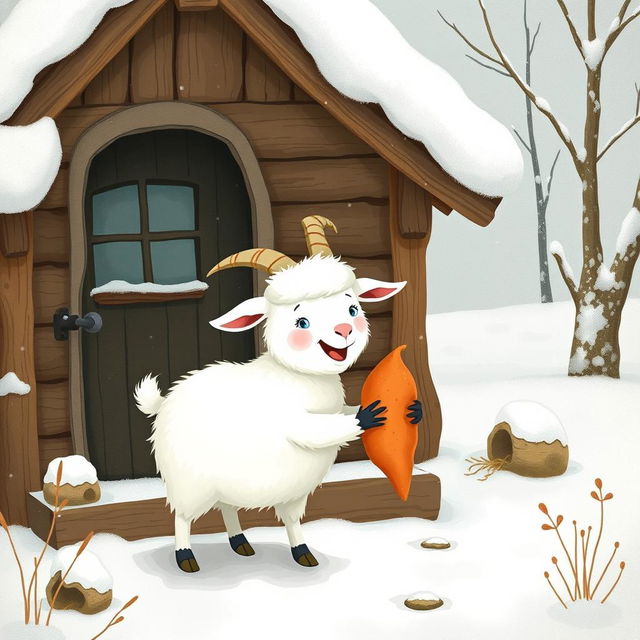 In a whimsical winter scene set outside a quaint wooden cabin adorned with a fresh layer of snow, a fluffy white goat is joyfully holding a sweet potato in its hooves as it prepares to step out into the snowy world