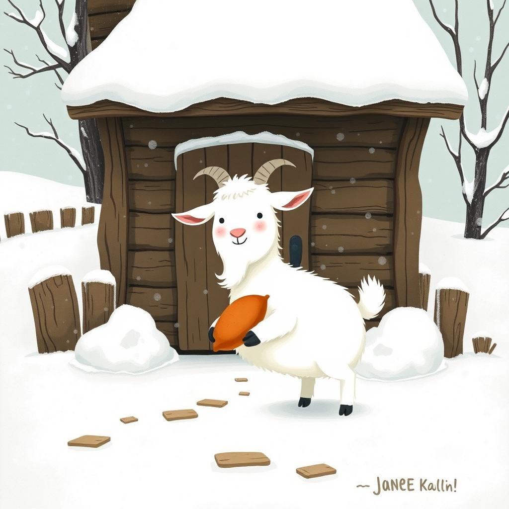 In a whimsical winter scene set outside a quaint wooden cabin adorned with a fresh layer of snow, a fluffy white goat is joyfully holding a sweet potato in its hooves as it prepares to step out into the snowy world