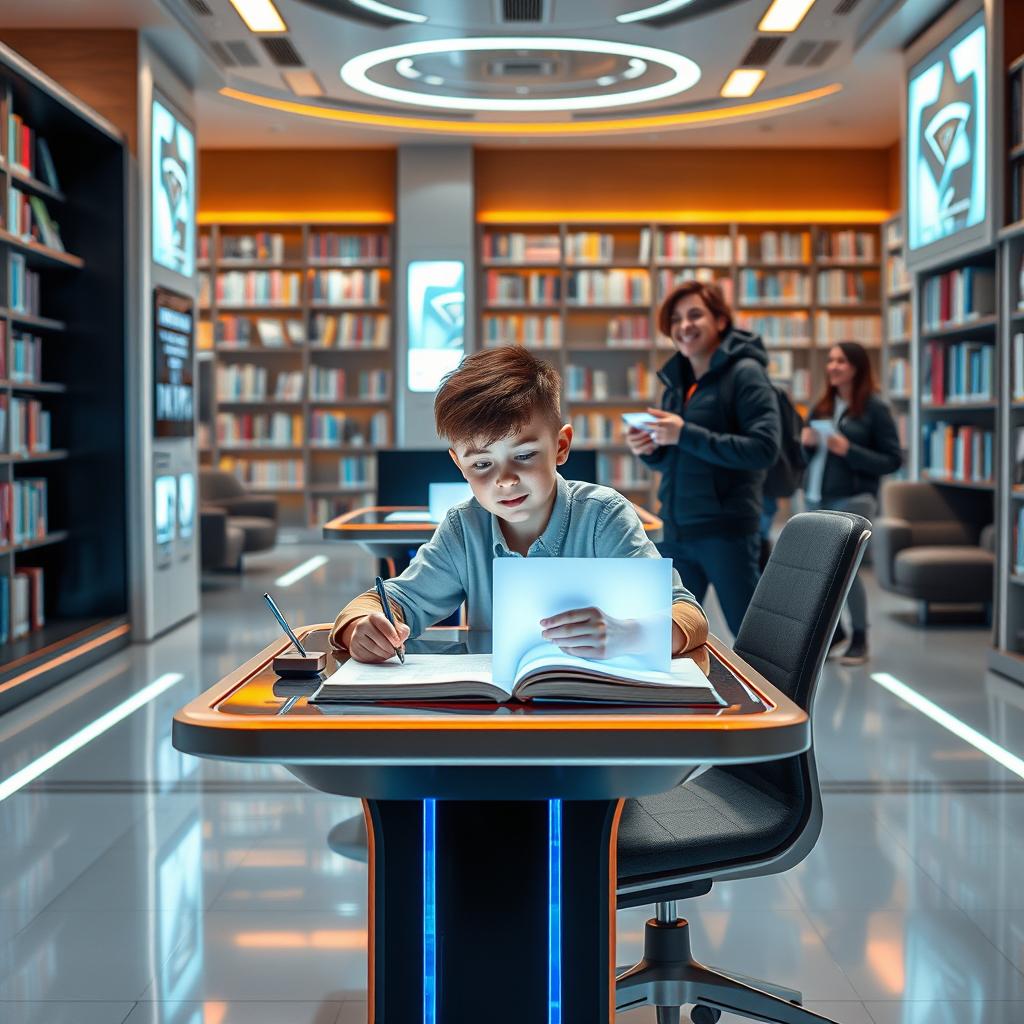 A futuristic library setting where a boy is sitting at a sleek, high-tech study desk, surrounded by advanced digital screens and holographic books
