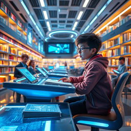 A futuristic library setting where a boy is sitting at a sleek, high-tech study desk, surrounded by advanced digital screens and holographic books