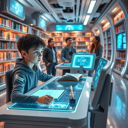 A futuristic library setting where a boy is sitting at a sleek, high-tech study desk, surrounded by advanced digital screens and holographic books