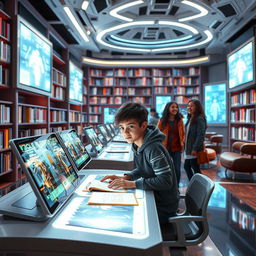 A futuristic library setting where a boy is sitting at a sleek, high-tech study desk, surrounded by advanced digital screens and holographic books