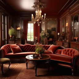 An optimized plan for a Victorian style living room, measuring 8 meters by 4 meters, strategically featuring elegant furniture such as a plush velvet sofa, an ornate mahogany coffee table, and high-backed chairs for space utilization