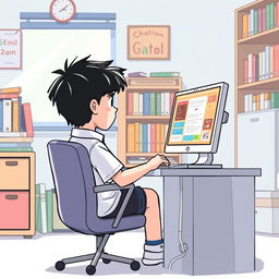 A cartoon drawing featuring a boy sitting on a chair, focused on his computer as he uses an AI generator called Chatgpt for his school work, assignments, and homework