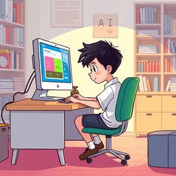 A cartoon drawing featuring a boy sitting on a chair, focused on his computer as he uses an AI generator called Chatgpt for his school work, assignments, and homework