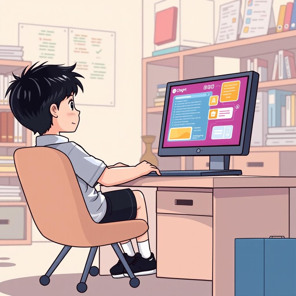 A cartoon drawing featuring a boy sitting on a chair, focused on his computer as he uses an AI generator called Chatgpt for his school work, assignments, and homework