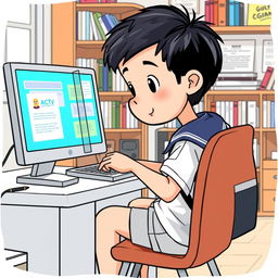 A cartoon drawing featuring a boy sitting on a chair, focused on his computer as he uses an AI generator called Chatgpt for his school work, assignments, and homework