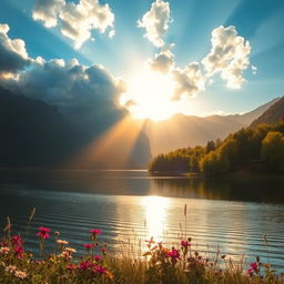 A tranquil landscape featuring a serene lake surrounded by majestic mountains