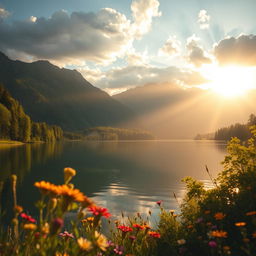 A tranquil landscape featuring a serene lake surrounded by majestic mountains