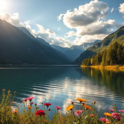A tranquil landscape featuring a serene lake surrounded by majestic mountains