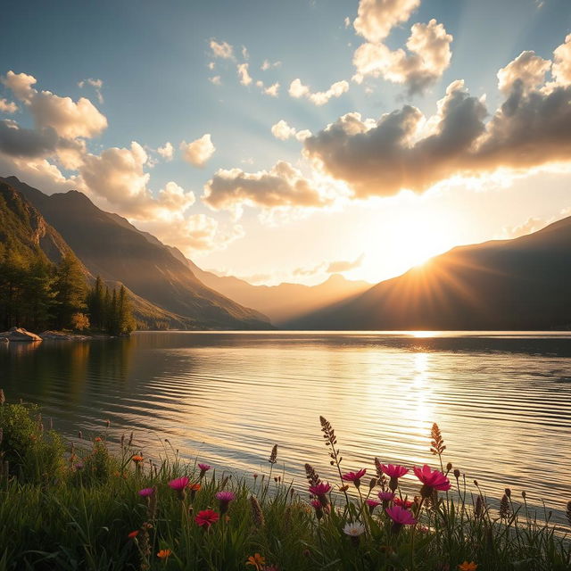 A tranquil landscape featuring a serene lake surrounded by majestic mountains