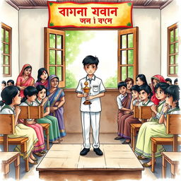 A watercolor illustration capturing a pivotal moment in a traditional Bangladeshi school setting