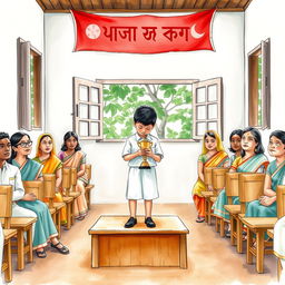 A watercolor illustration capturing a pivotal moment in a traditional Bangladeshi school setting