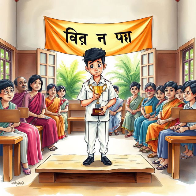 A watercolor illustration capturing a pivotal moment in a traditional Bangladeshi school setting