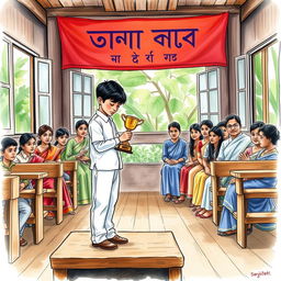 A watercolor illustration capturing a pivotal moment in a traditional Bangladeshi school setting