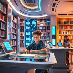 In a futuristic library, a boy sits quietly at a sleek, high-tech desk, surrounded by advanced holographic screens displaying information and digital books