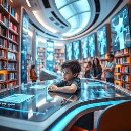 In a futuristic library, a boy sits quietly at a sleek, high-tech desk, surrounded by advanced holographic screens displaying information and digital books