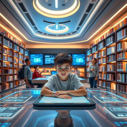 In a futuristic library, a boy sits quietly at a sleek, high-tech desk, surrounded by advanced holographic screens displaying information and digital books