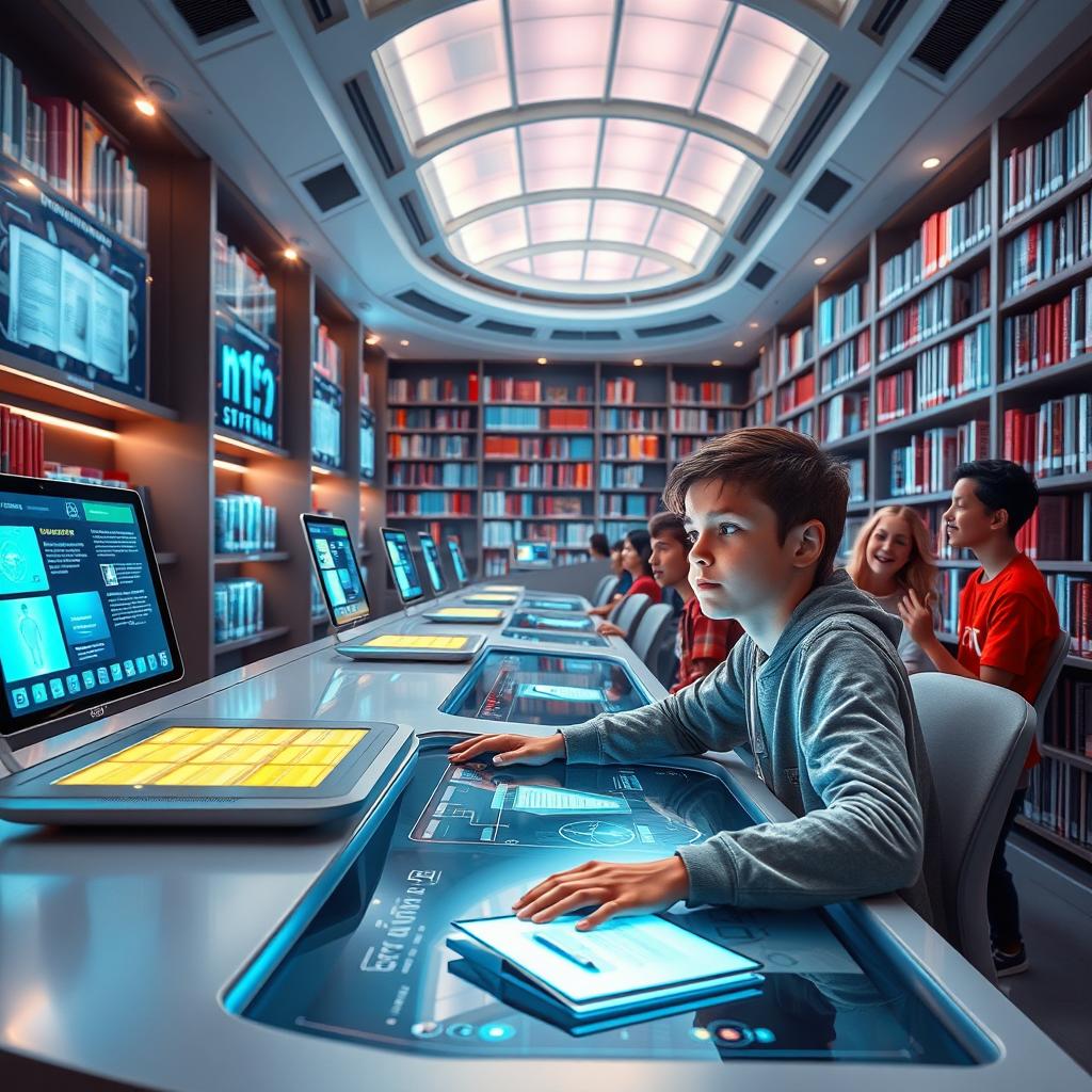 In a futuristic library, a boy sits quietly at a sleek, high-tech desk, surrounded by advanced holographic screens displaying information and digital books