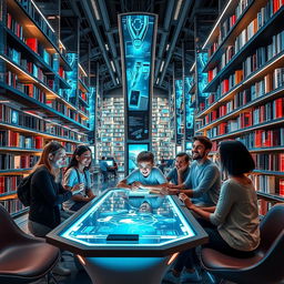 In a futuristic library, a boy is seated at a sleek, advanced study table, immersed in a holographic display