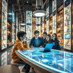 In a futuristic library, a boy is seated at a sleek, advanced study table, immersed in a holographic display