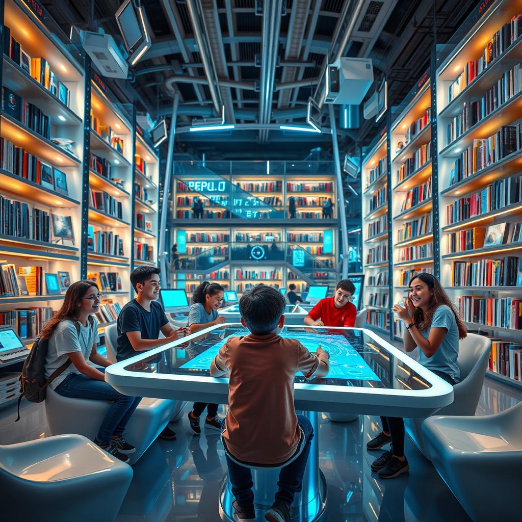 In a futuristic library, a boy is seated at a sleek, advanced study table, immersed in a holographic display