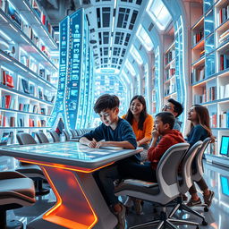 In a futuristic library, a boy is seated at a sleek, advanced study table, immersed in a holographic display