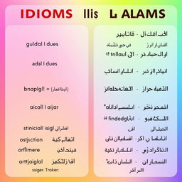 A visually appealing graphic showcasing various idioms in English along with their Arabic translations