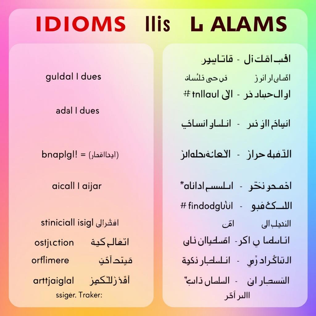 A visually appealing graphic showcasing various idioms in English along with their Arabic translations