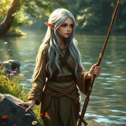 An elven fisher with long, flowing silver hair and pointed ears, wearing earthy-toned, intricately designed clothing, standing by a tranquil river