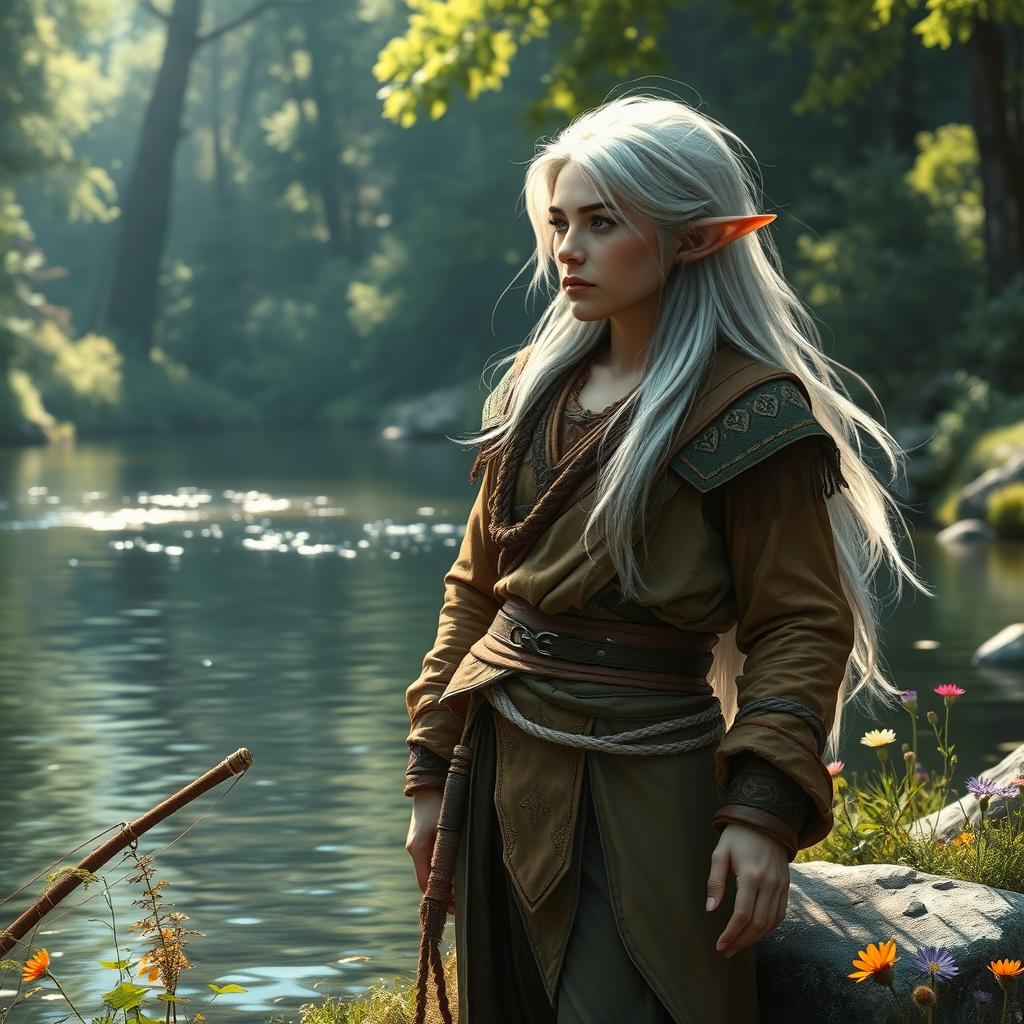 An elven fisher with long, flowing silver hair and pointed ears, wearing earthy-toned, intricately designed clothing, standing by a tranquil river