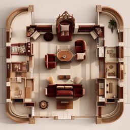 An optimized plan for a Victorian style living room, measuring 8 meters by 4 meters, strategically featuring elegant furniture such as a plush velvet sofa, an ornate mahogany coffee table, and high-backed chairs for space utilization