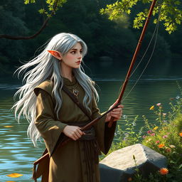 An elven fisher with long, flowing silver hair and pointed ears, wearing earthy-toned, intricately designed clothing, standing by a tranquil river