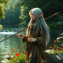 An elven fisher with long, flowing silver hair and pointed ears, wearing earthy-toned, intricately designed clothing, standing by a tranquil river
