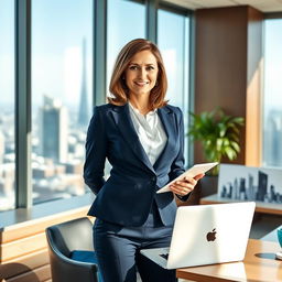 A confident businesswoman in a sleek, tailored navy blue suit with a crisp white blouse, standing in an elegantly designed office with vast city views through large windows