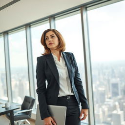 A confident businesswoman in a sleek, tailored black suit with a crisp white blouse, standing in a high-rise office with panoramic views of the city skyline through large glass windows
