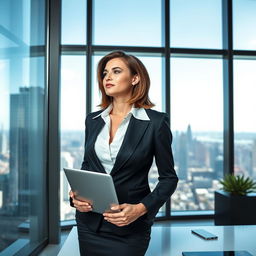 A confident businesswoman in a sleek, tailored black suit with a crisp white blouse, standing in a high-rise office with panoramic views of the city skyline through large glass windows
