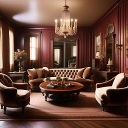 An optimized plan for a Victorian style living room, measuring 8 meters by 4 meters, strategically featuring elegant furniture such as a plush velvet sofa, an ornate mahogany coffee table, and high-backed chairs for space utilization