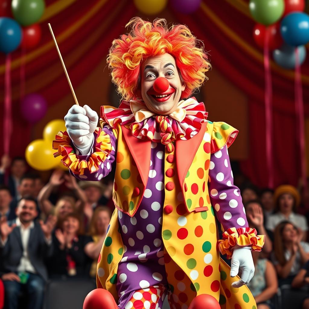 A maestro dressed as a clown, holding a conductor's baton with a joyful expression, wearing an extravagant colorful clown outfit with polka dots and ruffles, a big red nose, and oversized shoes