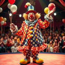 A maestro dressed as a clown, holding a conductor's baton with a joyful expression, wearing an extravagant colorful clown outfit with polka dots and ruffles, a big red nose, and oversized shoes