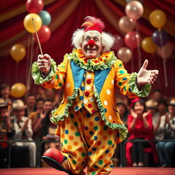 A maestro dressed as a clown, holding a conductor's baton with a joyful expression, wearing an extravagant colorful clown outfit with polka dots and ruffles, a big red nose, and oversized shoes