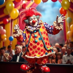 A maestro dressed as a clown, holding a conductor's baton with a joyful expression, wearing an extravagant colorful clown outfit with polka dots and ruffles, a big red nose, and oversized shoes