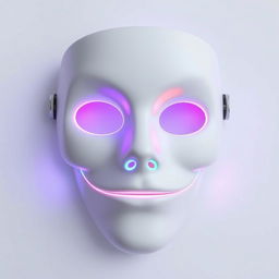 An LED emotion mask with hollow eyes and a straight mouth, featuring bright, glowing LED lights that change colors