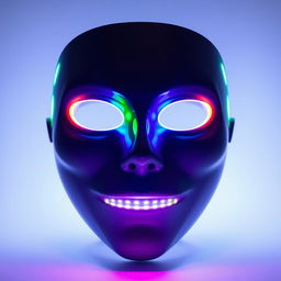 An LED emotion mask with hollow eyes and a straight mouth, featuring bright, glowing LED lights that change colors