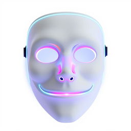 An LED emotion mask with hollow eyes and a straight mouth, featuring bright, glowing LED lights that change colors